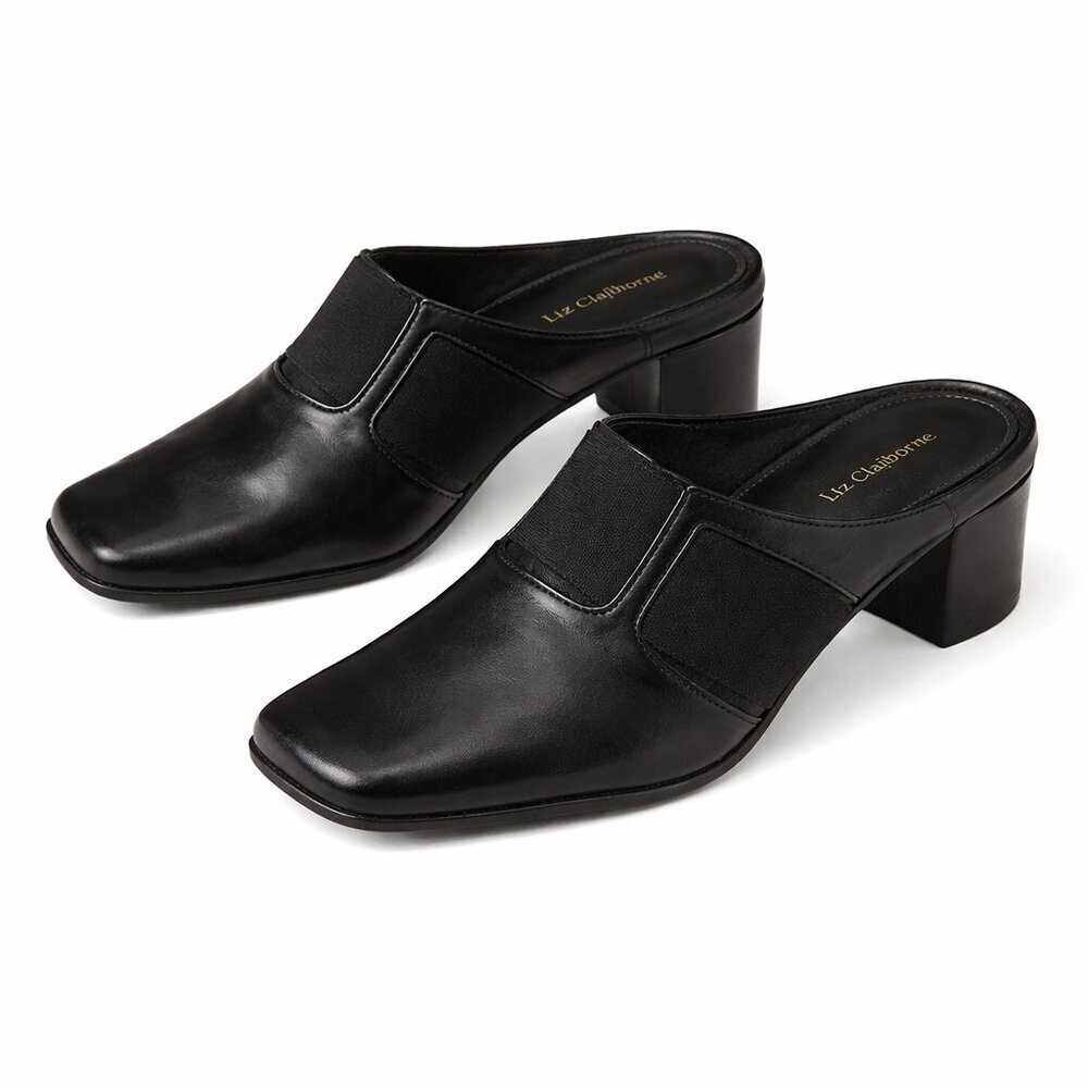 LIZ CLAIBORNE Black Leather Clogs Mules Shoes  10M